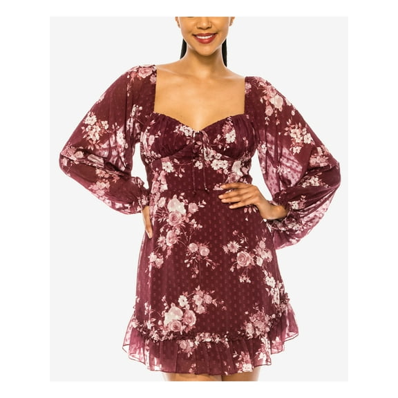 B DARLIN Womens Burgundy Zippered Ruffled Sheer Lined Floral Long Sleeve Sweetheart Neckline Short Party Fit + Flare Dress 7\8