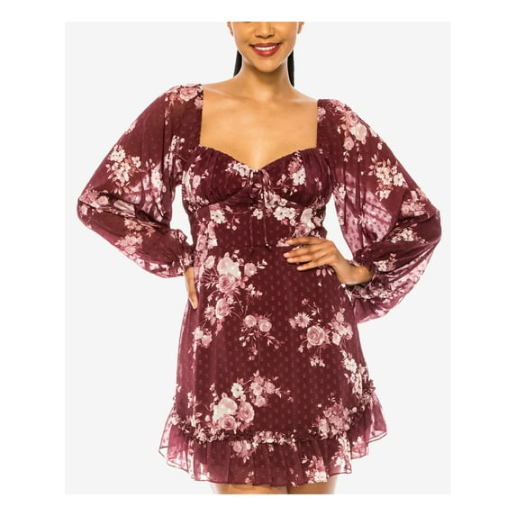 B DARLIN Womens Burgundy Zippered Ruffled Sheer Lined Floral Long Sleeve Sweetheart Neckline Short Party Fit + Flare Dress 7\8