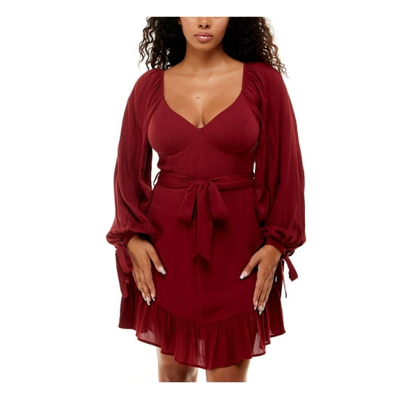 B DARLIN Womens Burgundy Zippered Tie Ruffled Padded Curved Hem Balloon Sleeve Scoop Neck Short Party Fit + Flare Dress 1\2