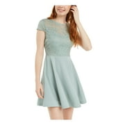B DARLIN Womens Green Lace Cut Out Cut Out Floral Short Sleeve Illusion Neckline Micro Mini Party Trapeze Dress Juniors 11\12