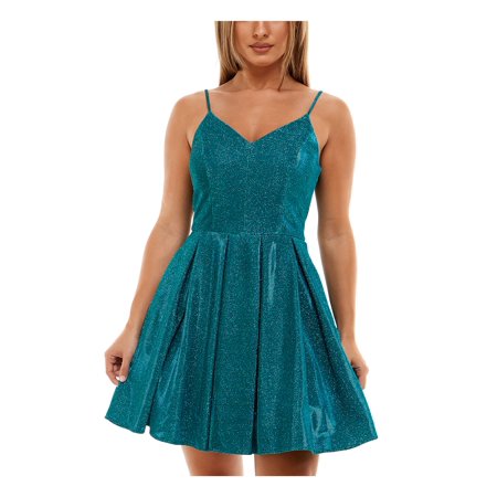 B DARLIN Womens Green Pleated Zippered Adjustable Open Back Glitter Sleeveless V Neck Short Party Fit + Flare Dress 15\16