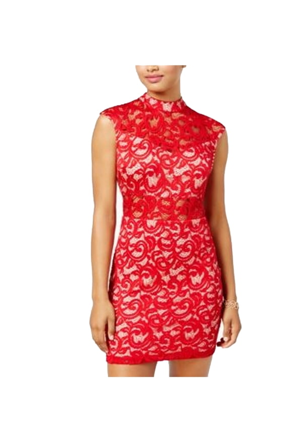 B. DARLIN Womens Junior Lace Illusion Mock Neck Mini Dress (Red, 15/16)