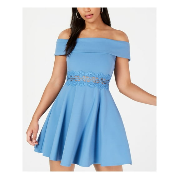 B DARLIN Womens Light Blue Embroidered Cut Out Short Sleeve Off Shoulder Mini Fit + Flare Dress 0