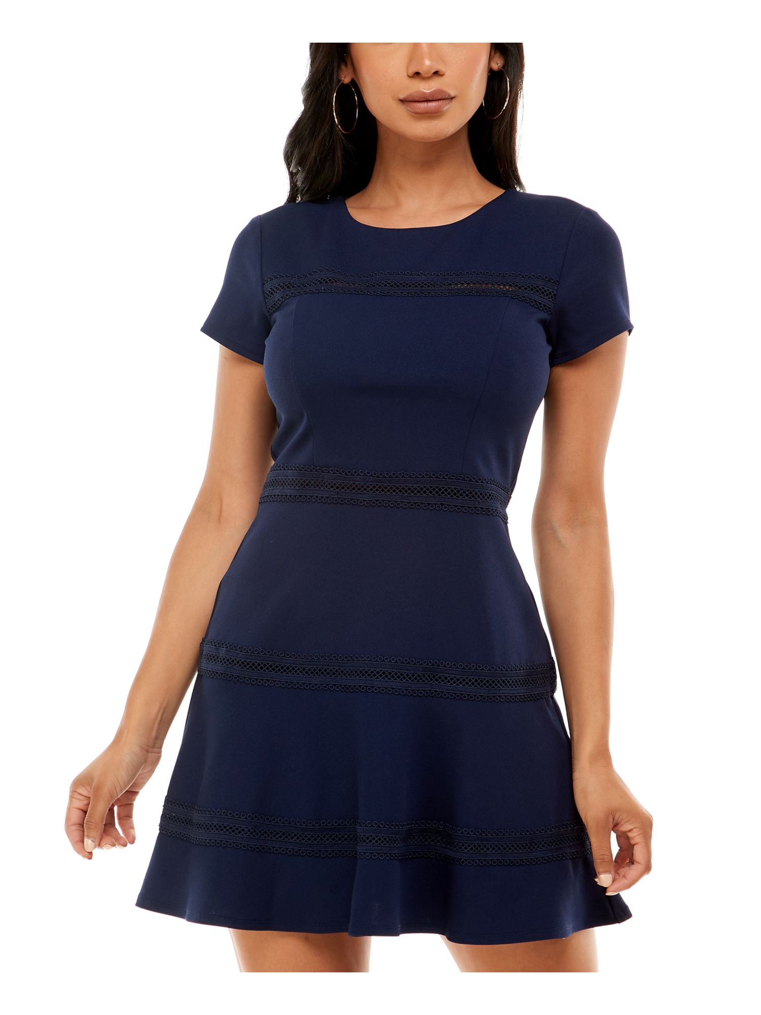 B. Darlin Women's Juniors Fit & Flare Dress - Navy Lace-Trim Mini Dress