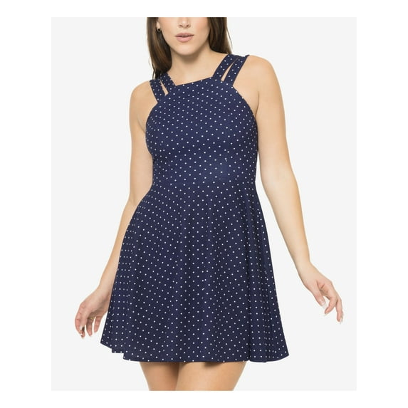 B DARLIN Womens Navy Zippered Double Strap Polka Dot Square Neck Mini Fit + Flare Dress 0