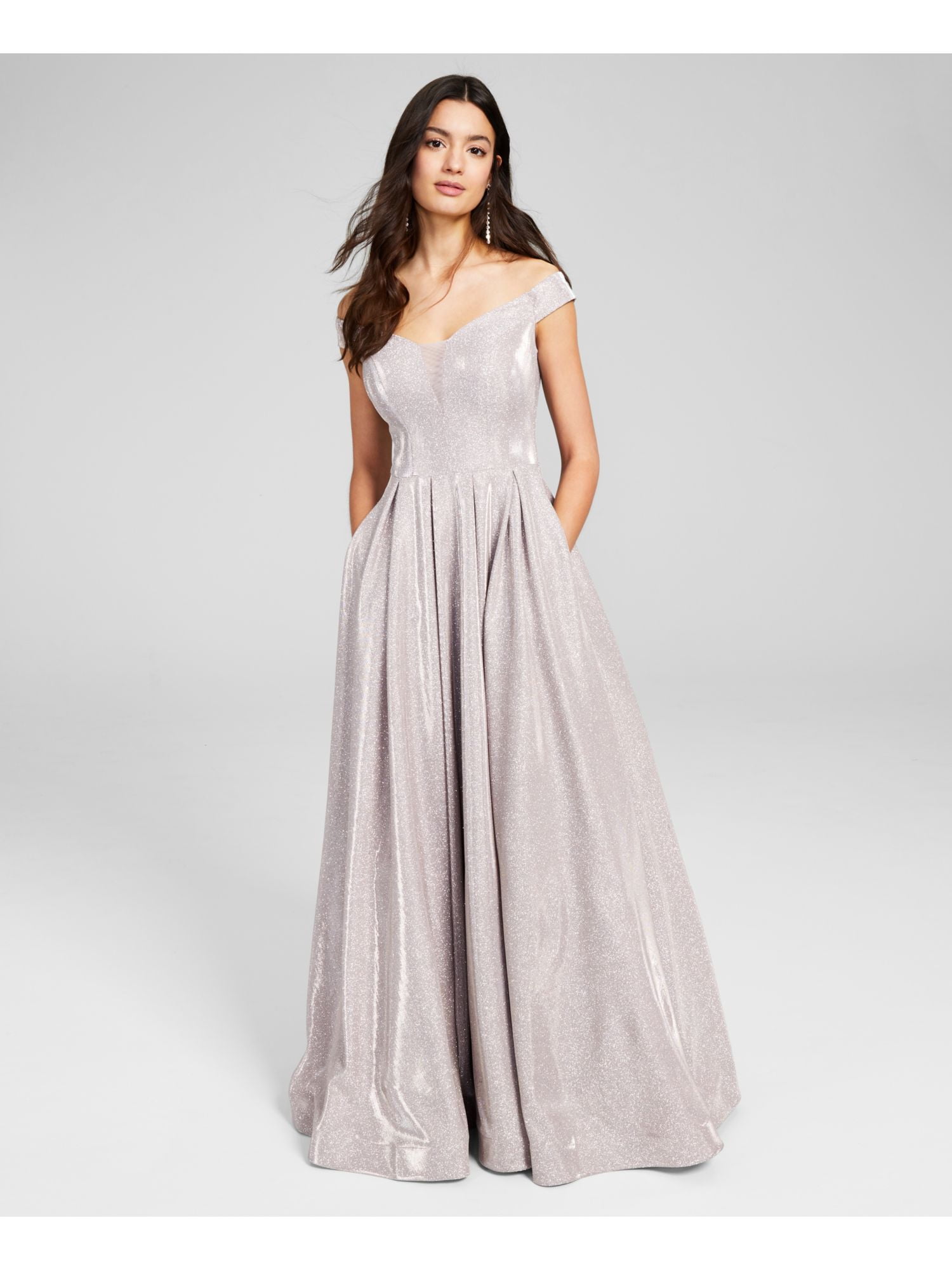 formal b darlin dresses Womens Beige Glitter Zippered Lined Off Shoulder Full-Length Gown Dress Juniors 3 Homecoming dresses