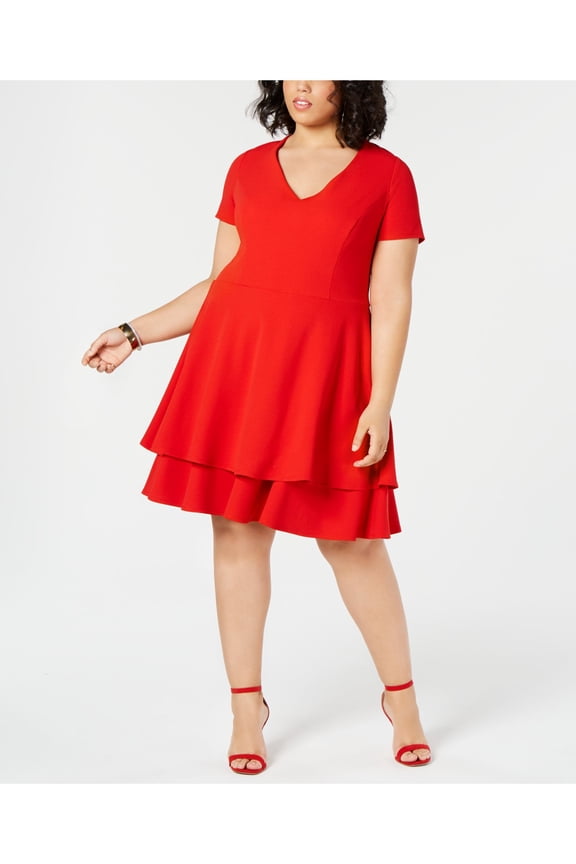 Womens Red Ruffled Layered Short Sleeve V Neck Knee Length Party Fit + Flare Dress Plus 22W