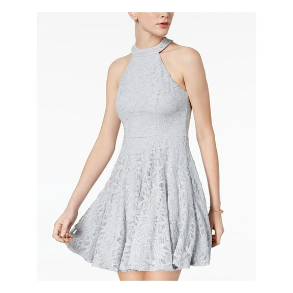 B DARLIN Womens Silver Nylon Lace Glitter Floral Sleeveless Halter Short Prom Fit + Flare Dress Juniors 1\2