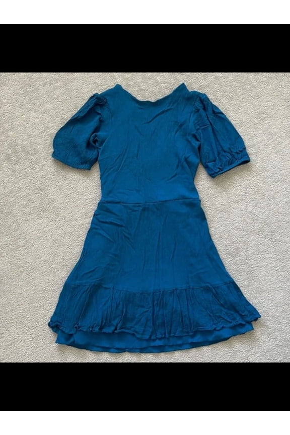 Womens Teal Smocked Ruffled Keyhole Tie Back Pouf Sleeve Jewel Neck Short Fit + Flare Dress 3\4