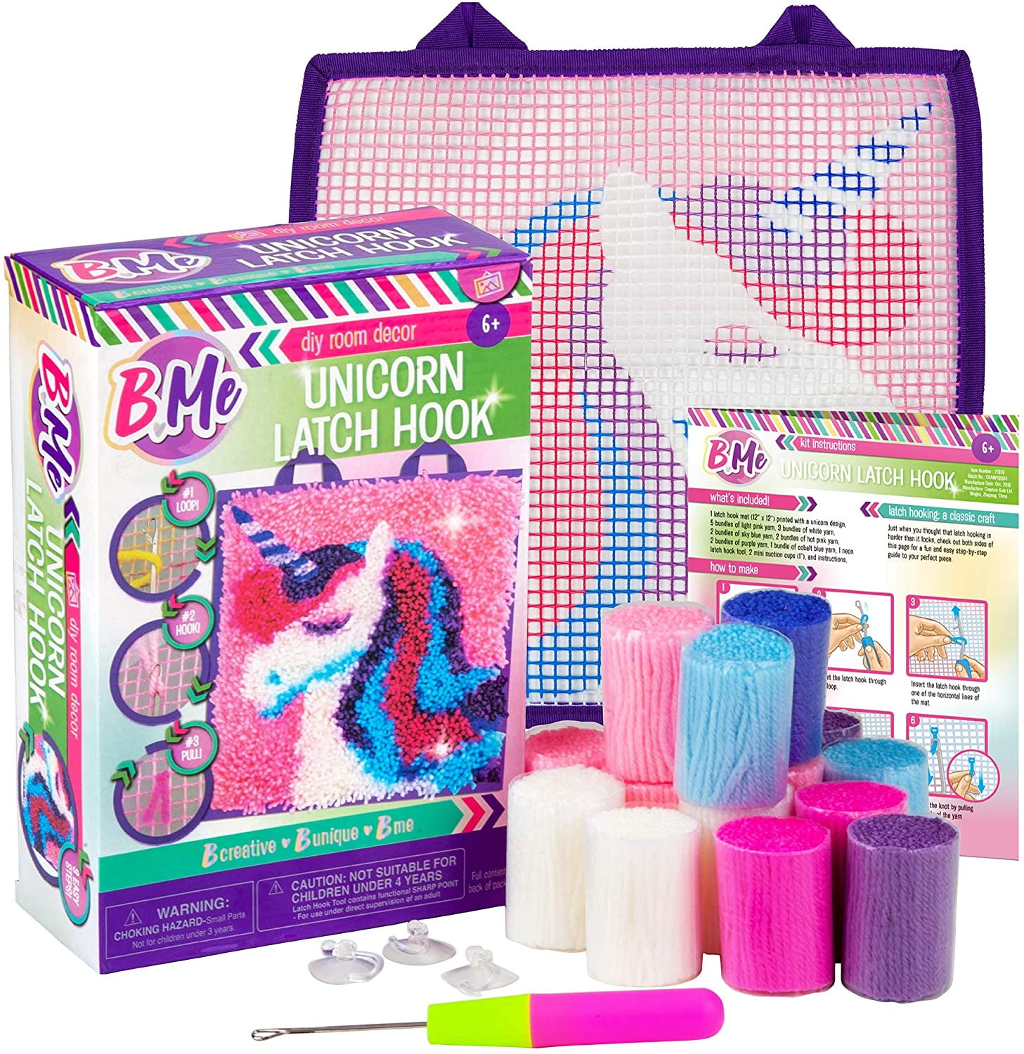 B Me DIY Unicorn Latch Hook Kit for Girls – Mini Rug Sewing Set with 15 Colorful Yarn Bundles, Color-Coded Canvas, DIY Grils Bedroom Décor Idea Perfect Birthday & Gift Age 6+