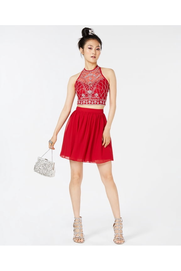 Juniors 2 Pc. Embellished Fit Flare Dress Red 13/14