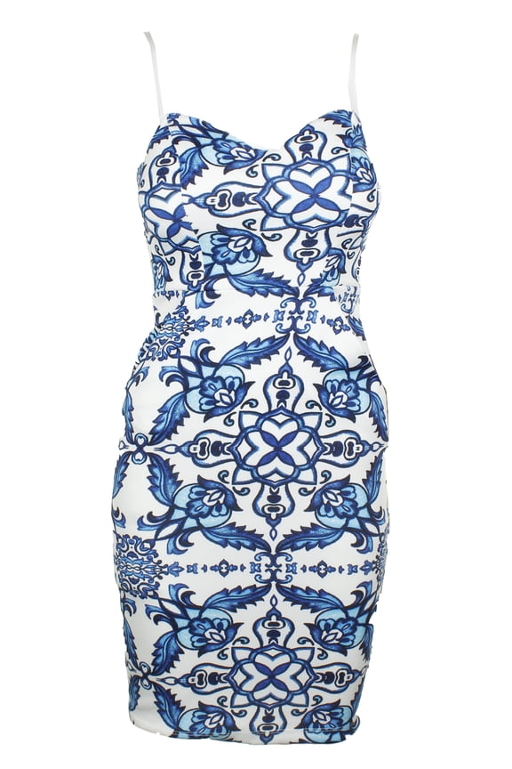 Juniors Blue White Strapless Printed Bodycon Dress 1-2