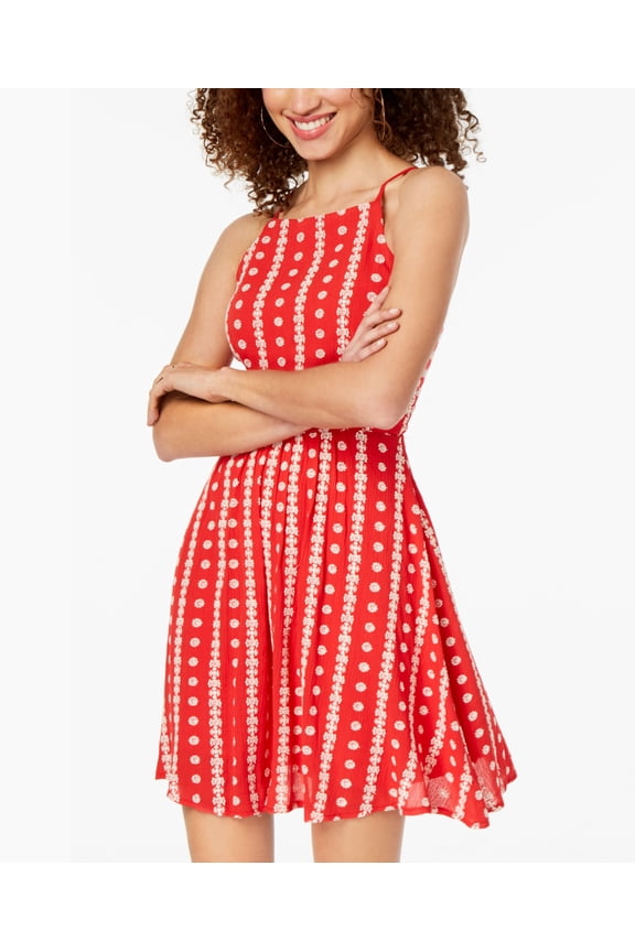 Juniors Embroidered Lace Up Dress Red White 12
