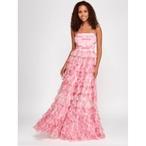 B Darlin Juniors' Floral Ruffle-Tiered Straight-Neck Gown, 1/2