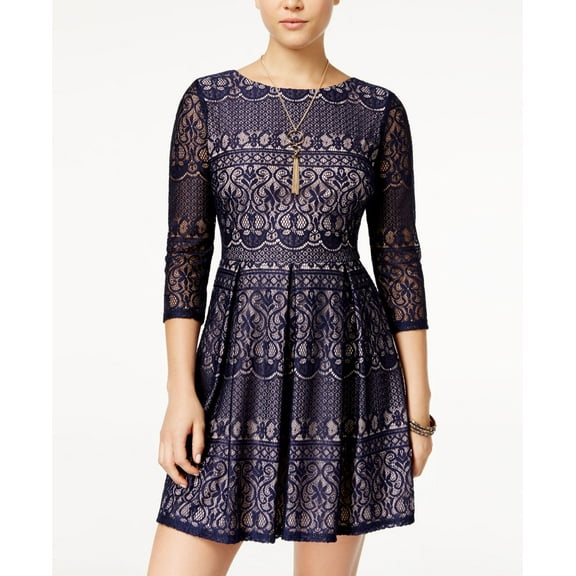 B Darlin Juniors Lace Fit Flare Dress Navy Blush 7-8
