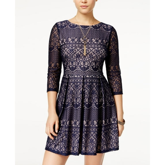 B Darlin Juniors Lace Fit Flare Dress Navy Blush 7-8