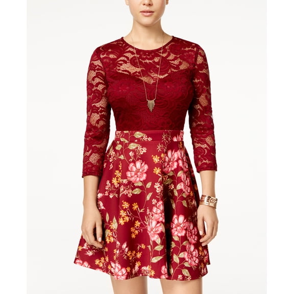 B Darlin Juniors Lace Floral Print Scuba Fit Flare Dress Wine Multi Mine 5-6