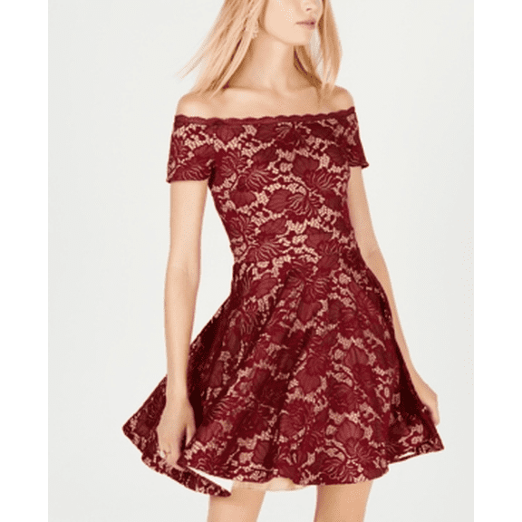 B Darlin Juniors' Lace Off-The-Shoulder Fit & Flare Dress - (Burgundy, 5/6)
