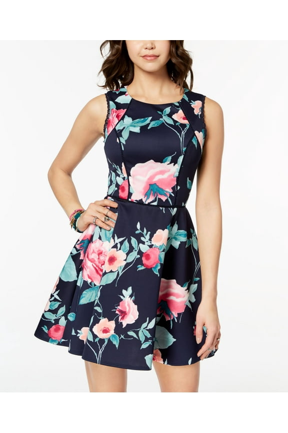 Juniors Printed Lace Trimmed Fit Flare Dress Navy Floral 15/16