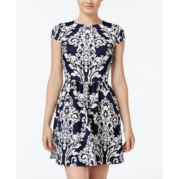 B Darlin Juniors Printed Scuba Fit Flare Dress Navy Nude 12