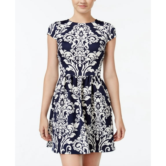 B Darlin Juniors Printed Scuba Fit Flare Dress Navy Nude 7-8