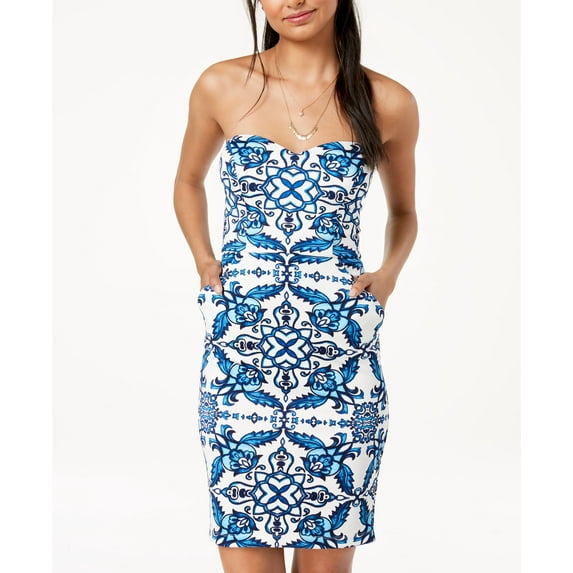 B Darlin Juniors Printed Strapless Bodycon Dress Ivory Blue 13/14