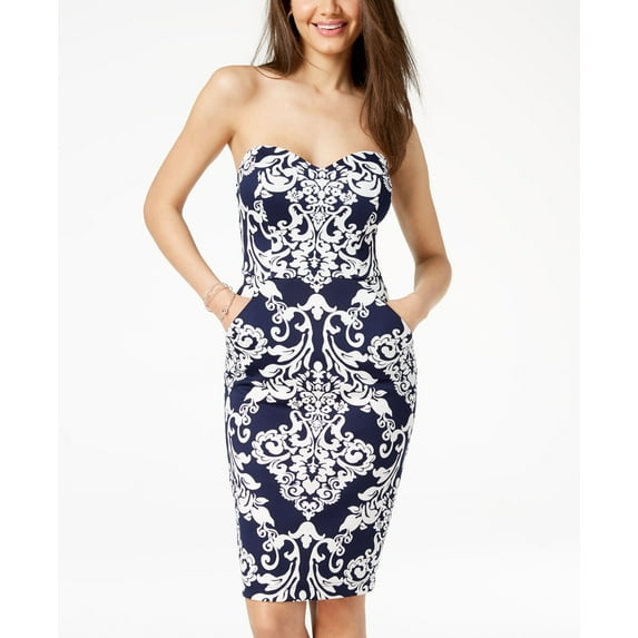 B Darlin Juniors Printed Strapless Bodycon Dress Navy Cream 11-12