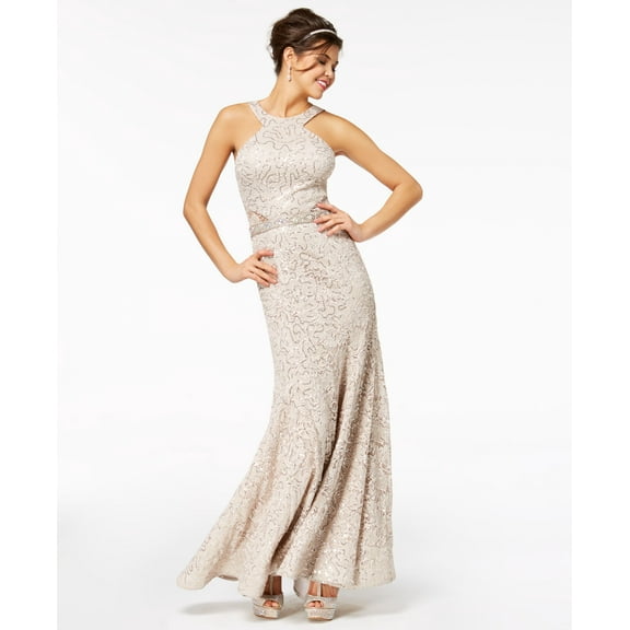 B Darlin Juniors Sequined Lace Halter Gown Nudesilver 11/12