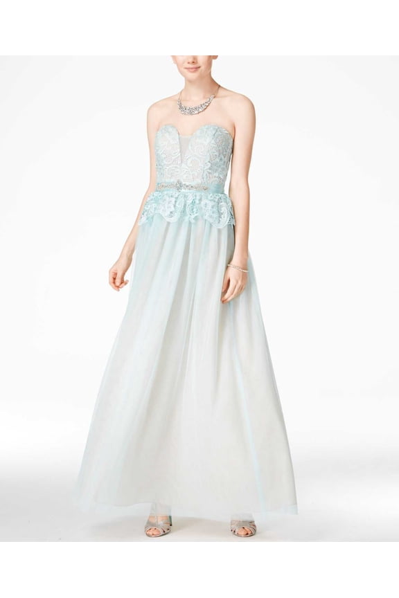 B. Darlin Juniors Strapless Lace Peplum Gown, Aqua/Nude, 5-6