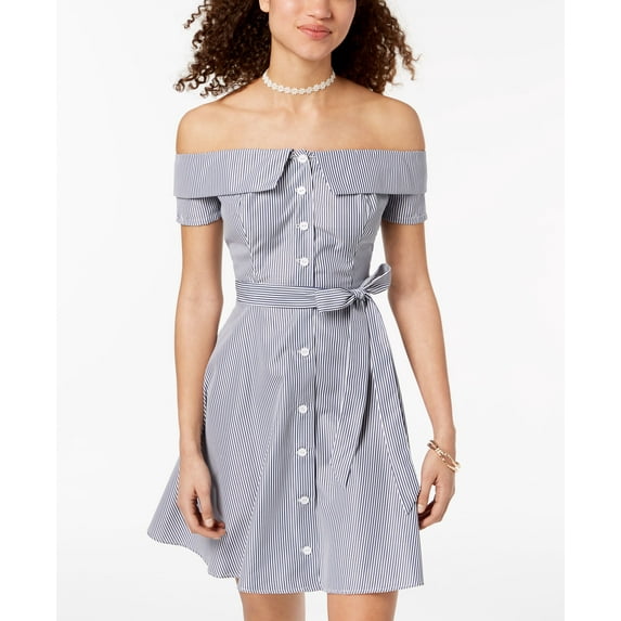 B Darlin Juniors Striped Off The Shoulder Button Dress White Navy 12