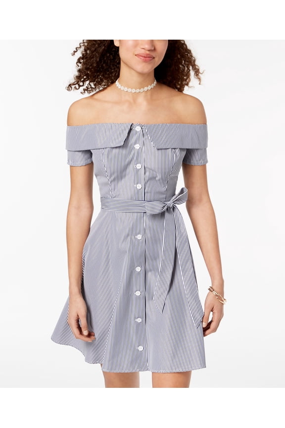 Juniors Striped Off The Shoulder Button Dress White Navy 12
