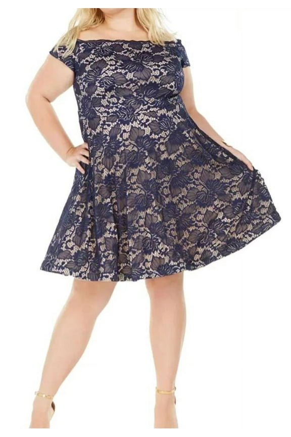 B.Darlin Women's Trendy Plus Off the Shoulder Lace Dress Blue Size 16