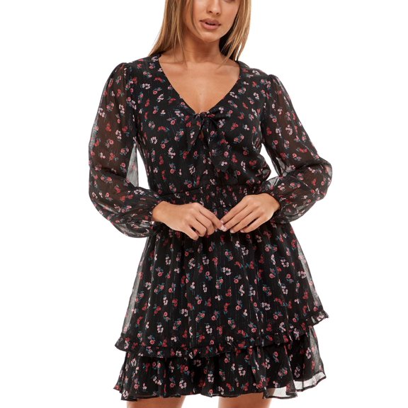B Darlin Womens Juniors Floral Fit & Flare Dress, Black/5-6