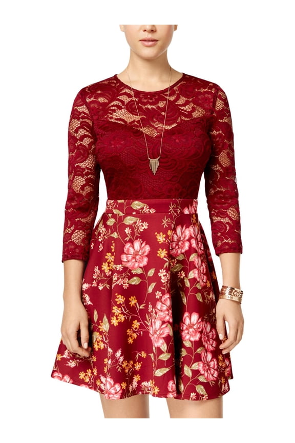 B. Darlin Womens Juniors Floral Lace Mini Dress Red 1/2