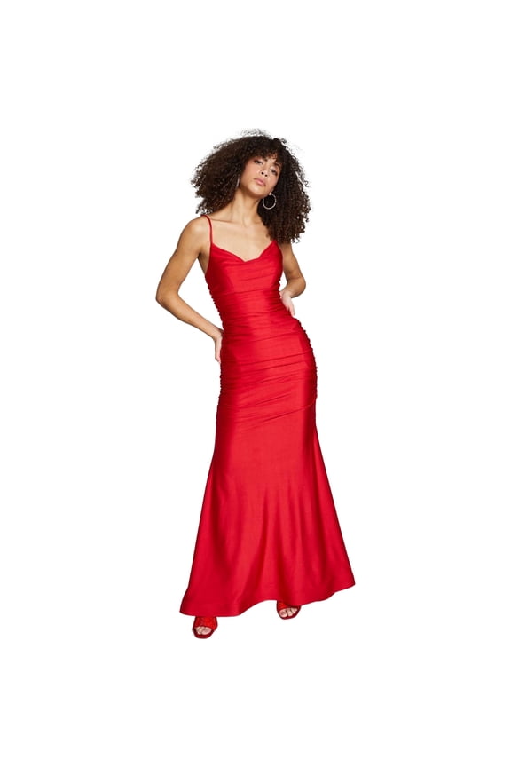 B. DARLIN Womens Satin Ruched Evening Gown Dress, Red, Juniors, 9/10