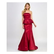 B DARLIN Womens Maroon Lined Zippered Padded Ruffle Godet Pleats Sleeveless Strapless Full-Length Formal Peplum Dress Juniors 1\2