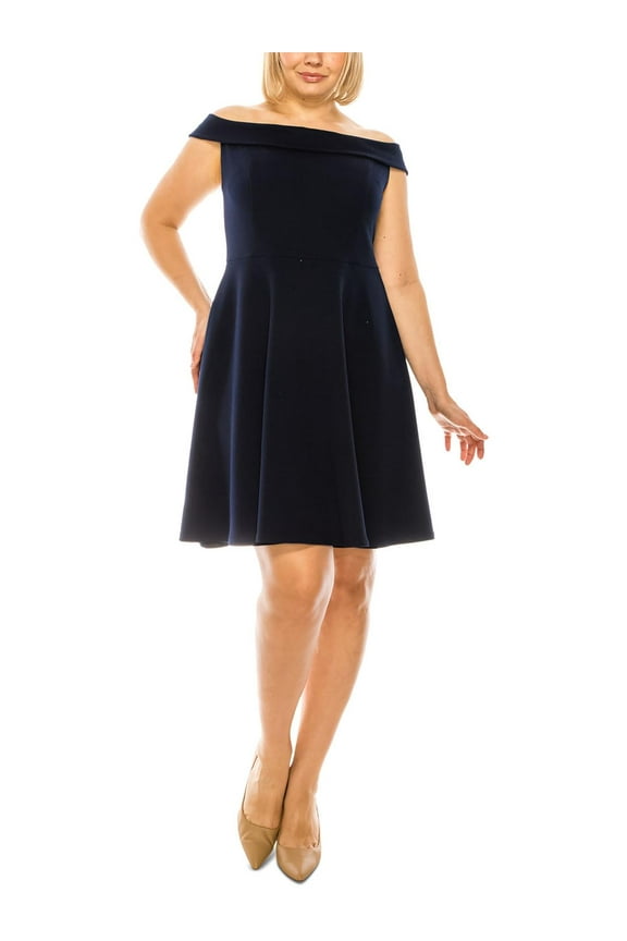 Juniors Trendy Plus Off The Shoulder Fit Flare Dress Navy 18W
