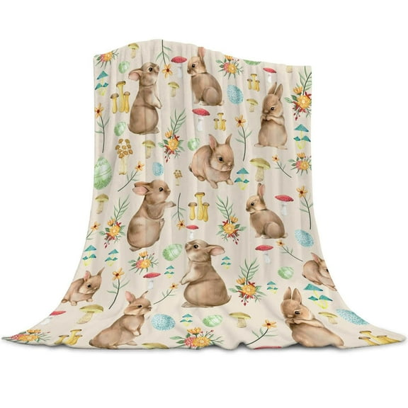 B Easter Blanket With Bunny And Flower Print, Soft Polyester Throw For Bed Sofa Kids Room Outdoor Camping, 39.37X51.18In