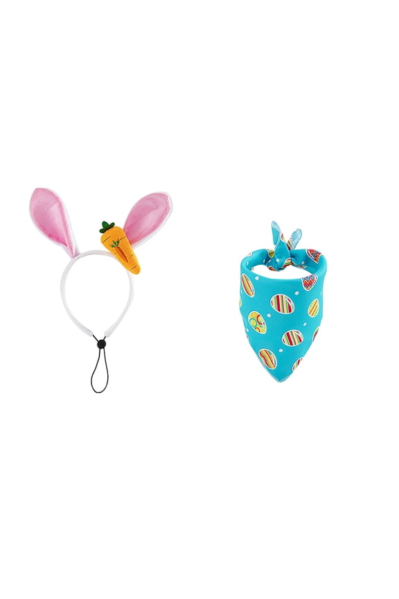 B Easter Pet Scarf Bunny Ear Headband And Printed Egg Bandana Set For Dogs Cats Festive Celebration Apparel
