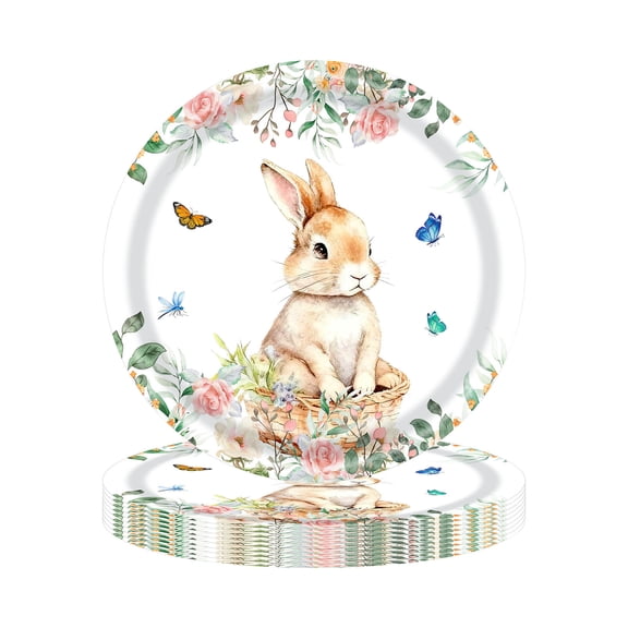 B Easter Theme Party Tableware Set 20 Pieces 7 Inch Plates Spring Flower Bunny Design Disposable Dinnerware For Holiday 20Pc 0.29 Lbs
