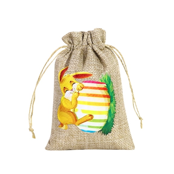 B Easter Themed Gift Bags With Rabbits And Egg Patterns Burlap Style Fabric Drawstring Closure 3.94X5.91 Inch B