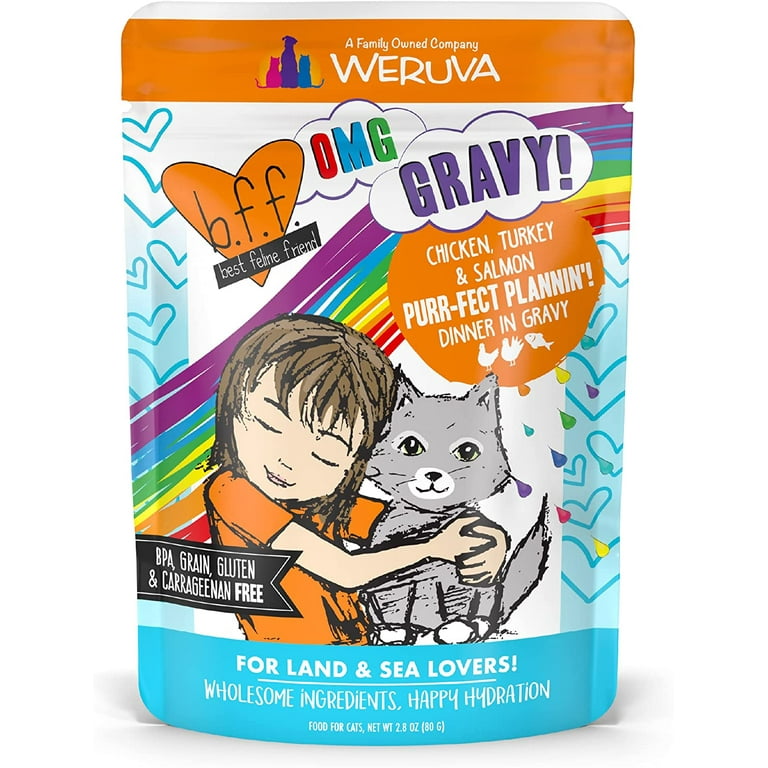 B.F.F. OMG Best Feline Friend Oh My Gravy Purr FECT Plannin with Chicken Turkey Salmon in Gravy Cat Food 2.8oz Pouch Pack of 12 Walmart