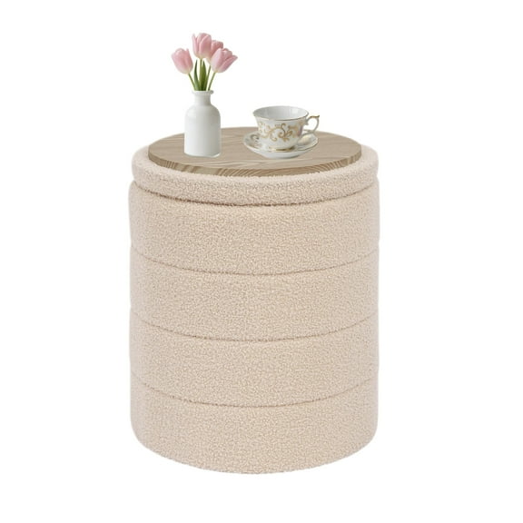 B FSOBEIIALEO 14.6inch Collapsible Storage Ottoman Round with Tray Teddy Fabric Living Room Bedroom Ottoman with Storage(Beige)