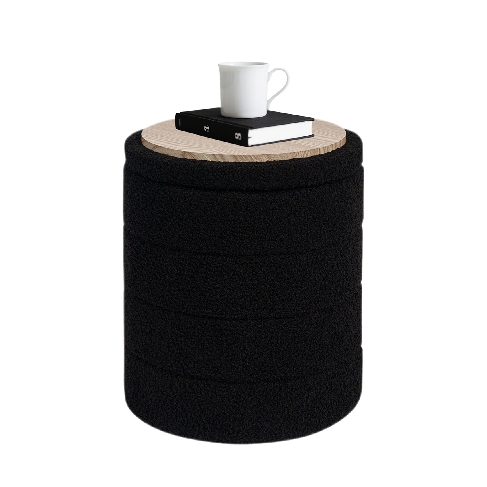 B FSOBEIIALEO 14.6inch Collapsible Storage Ottoman Round with Tray Teddy Fabric Living Room Bedroom Ottoman with Storage(Black)