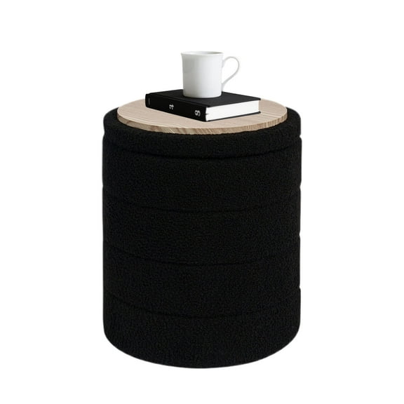 B FSOBEIIALEO 14.6inch Collapsible Storage Ottoman Round with Tray Teddy Fabric Living Room Bedroom Ottoman with Storage(Black)