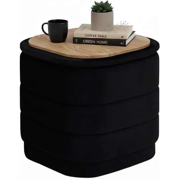B FSOBEIIALEO 15" Square Velvet Storage Ottoman Cube with Tray, Black