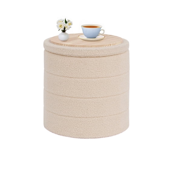 B FSOBEIIALEO 16.9inch Collapsible Storage Ottoman Round with Tray Teddy Fabric Living Room Bedroom Ottoman with Storage(Beige)