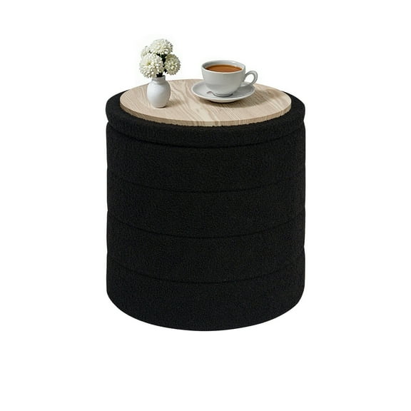 B FSOBEIIALEO 16.9inch Collapsible Storage Ottoman Round with Tray Teddy Fabric Living Room Bedroom Ottoman with Storage(Black)