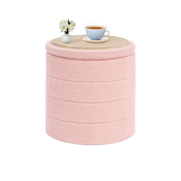 B FSOBEIIALEO 16.9inch Collapsible Storage Ottoman Round with Tray Teddy Fabric Living Room Bedroom Ottoman with Storage(Pink)