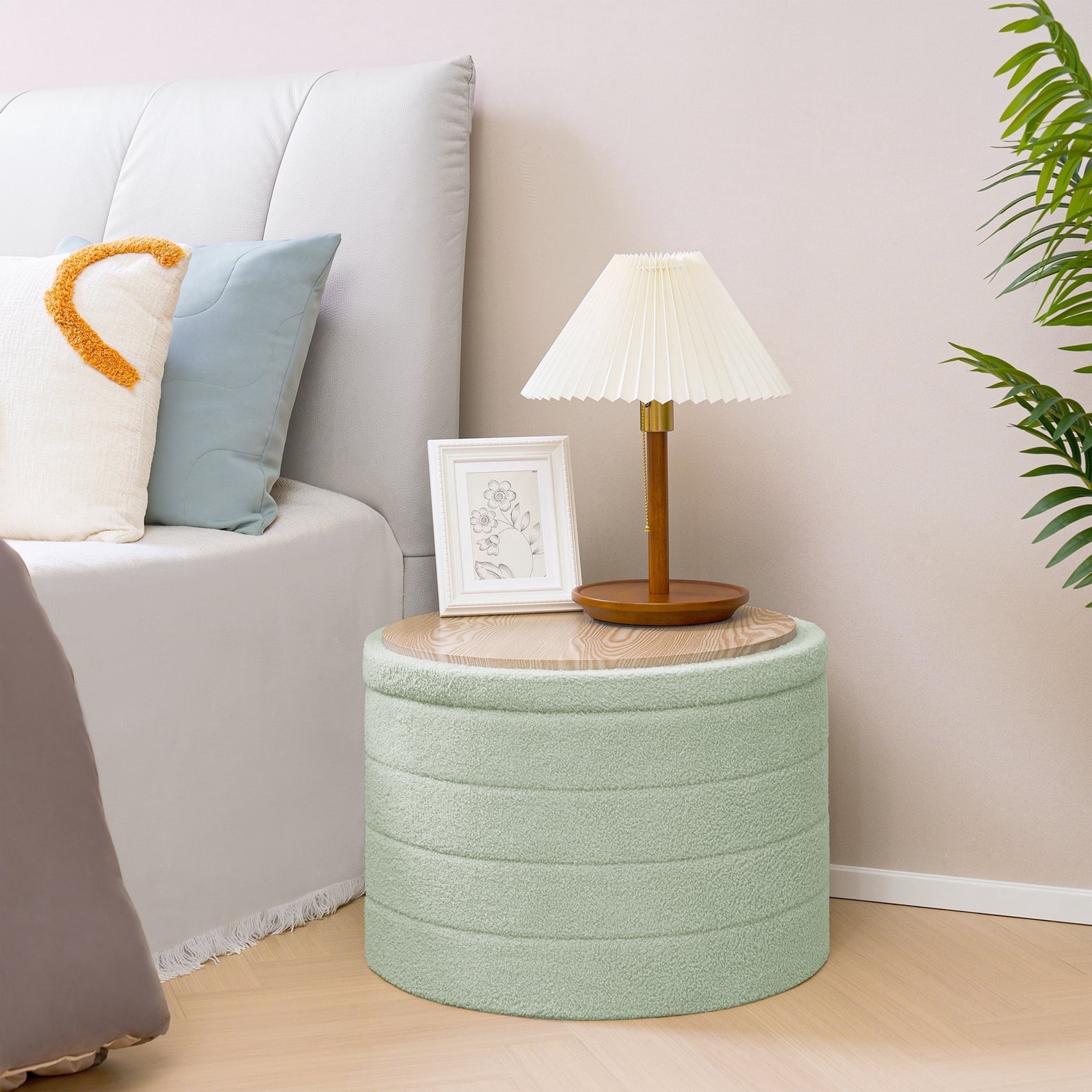 B FSOBEIIALEO Round Storage Ottoman with Tray for Living Room, Perfect for Adults & Kids with Extra Storage Space(Green)